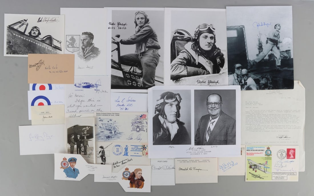 LOT OF 24 WWII ALLIED AVIATOR SIGNATURES: Lot of TWENTY-FOUR (24). Mix of Allied aviation signatures, British, American, and Polish pilots. Includes prominent people and less prominent people, but are a good representation of the winners of t