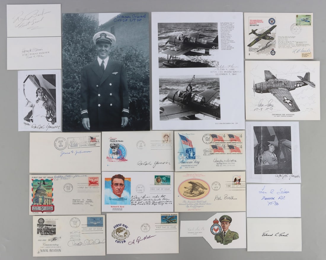 LOT OF 18 LEADING AVIATORS FROM WWI TO VIETNAM: Lot of EIGHTEEN (18). Broad mix of signatures featuring various pilots from the Golden Age of flight to Vietnam. Many are Medal of Honor winners or were otherwise outstanding in their field. Very good