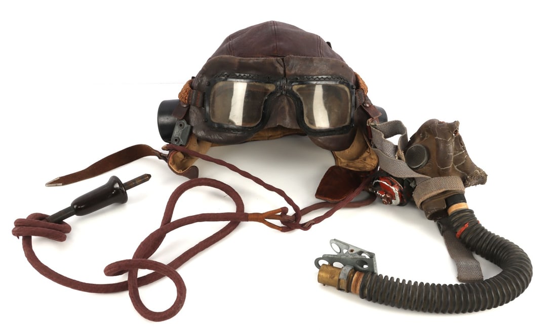 WWII RAF TYPE C FLYING HELMET WITH GOGGLES & MASK: Original British Royal Air Force Type C leather flying helmet with MK III goggles, Type G oxygen mask and wiring loom with with bakelite jack plug. Very good condition. Mask rubber deteriorated. This 