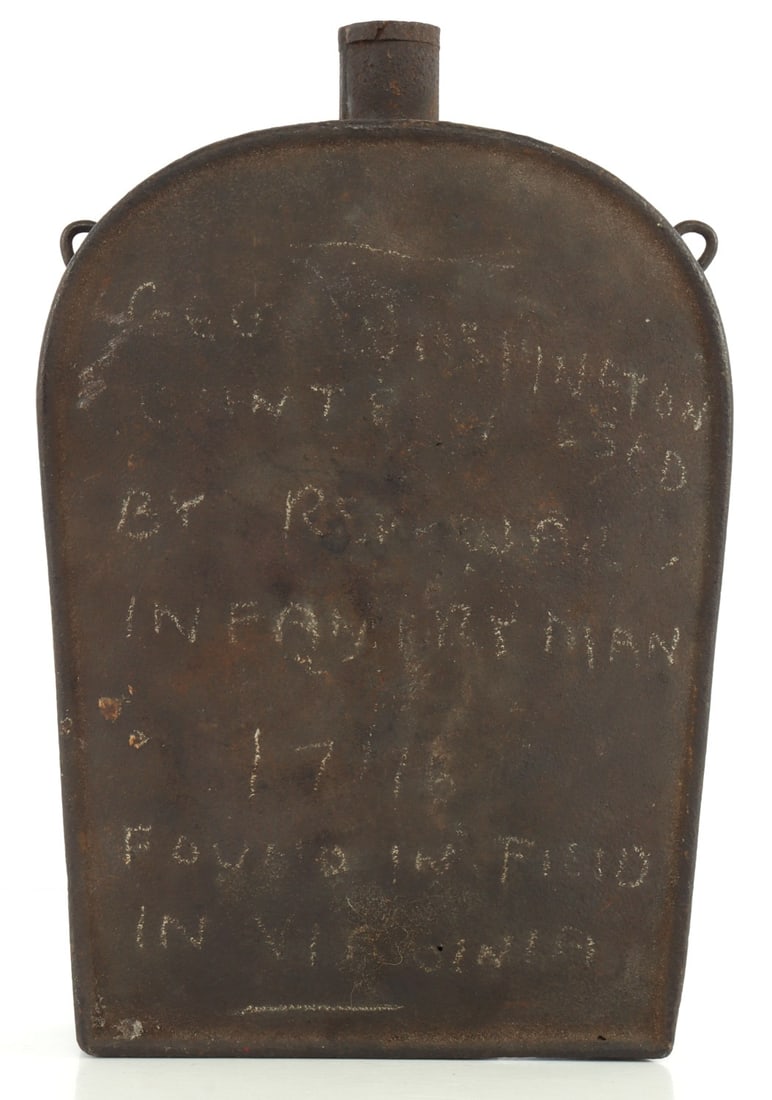 REVOLUTIONARY WAR FIELD FOUND VIRGINIA CANTEEN: Relic condition, however written on front " George Washington Canteen used by Rev War Infantryman 1776 Found in Field in Virginia". Also on side appears to have indented "MV", Mount Vernon?