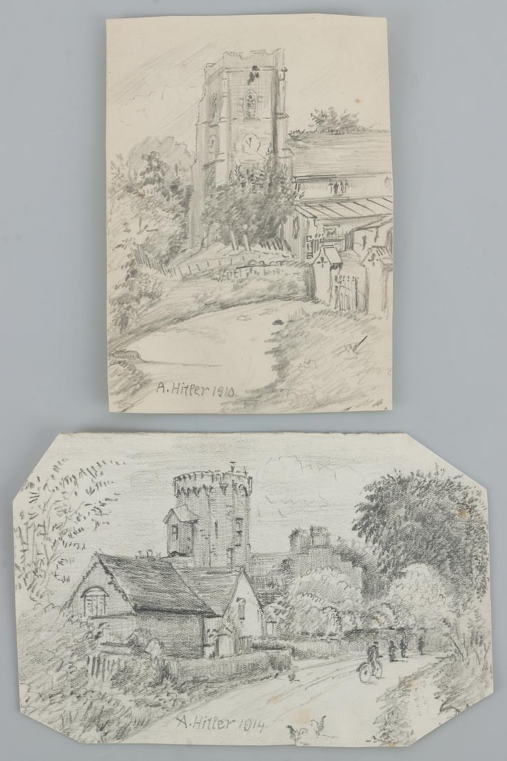 LOT OF 2 WWII GERMAN REICH HITLER SKETCHES: Lot of TWO (2) sketches bearing the signature of Adolf Hitler. 1) Depicts a church in the countryside and is dated 1910. 6.5 X 4.25 inches. 2) Depicts a countryside scene showing what appears to be a 