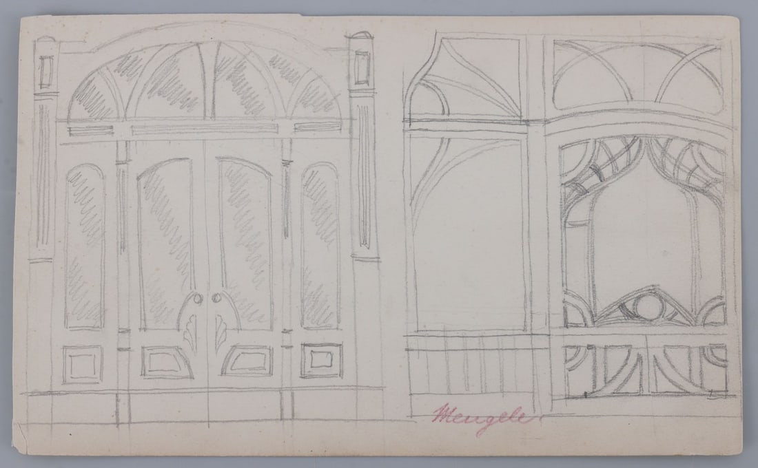 WWII SKETCH ATTRIBUTED TO JOSEF MENGELE SIGNED: Sketch attributed to Dr. Josef Mengele, a physician and war criminal associated with human experimentation at Auschwitz. Sketch is postcard sized, approximately 7.5 X 4.6 inches. Bears the signature o