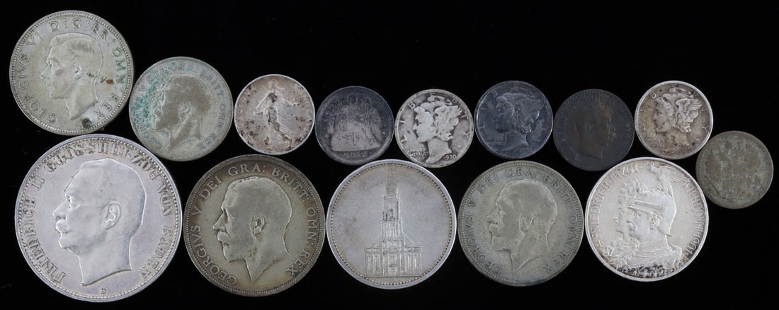 LOT OF 14 EUROPEAN & AMERICAN SILVER COINS: Lot of FOURTEEN (14) silver coins. Includes: ONE (1) German 1913 Funf Mark, ONE (1) 1901 Zwei Mark, ONE (1) 1934 5 Reichsmark, ONE (1) Prussian 1869 1 Silbergroschen, ONE (1) Russian 1903 10 Kopek, ON