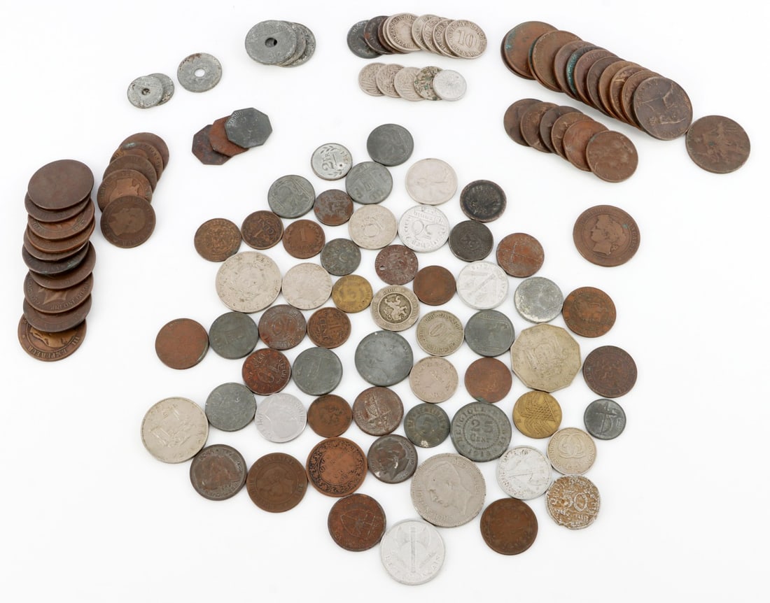 19TH C. WWI & WWII EUROPEAN COIN COLLECTION: European antique coin collection. Includes many 19th-century coins and coins from WWI & WWII. French, Belgian, German, English, Italian and more. Gross weight: 1.3 pounds. Good condition.