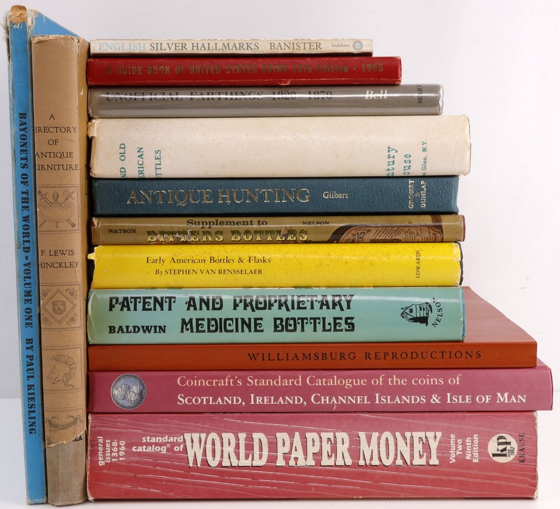 13 ANTIQUE BOTTLES COIN BAYONETS REFERENCE BOOKS: Useful grouping, s soft back balance hard back. 1965 Red Book, Bayonets by Keisling, and many others. See photographs.