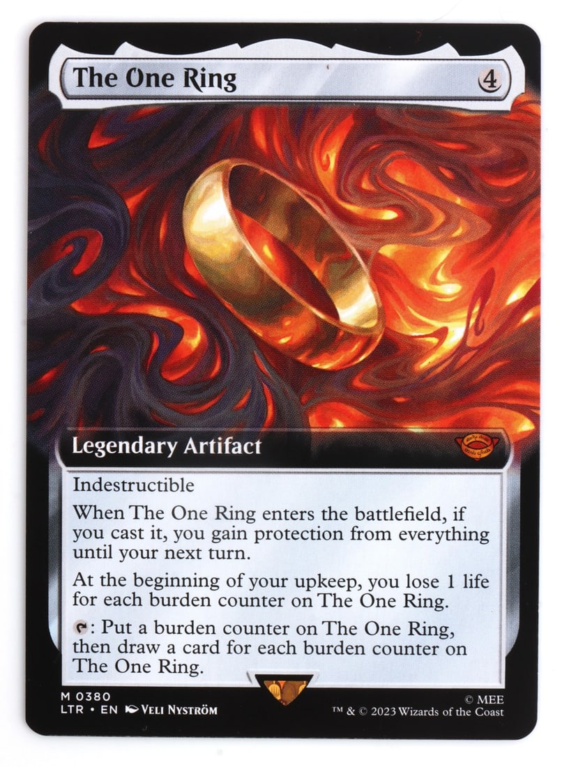 THE ONE RING MAGIC THE GATHERING LORD OF THE RINGS: The card 'The One Ring' from Magic the Gathering, by Wizards of the Coast. Card passes a light test and has watermark in the green circle on back. Authenticity guaranteed. This lot has a reserve.