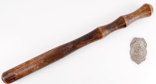 OBSOLETE DEPUTY SHERIFF BADGE & WOOD TRUNCHEON