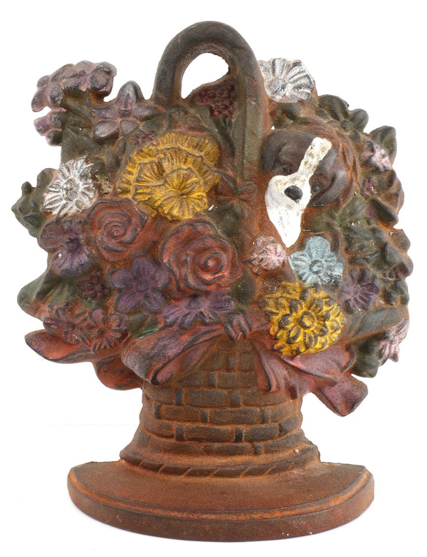 10.75 INCH CAST IRON DOOR STOP DOGGY IN BASKET: Very good original condition.