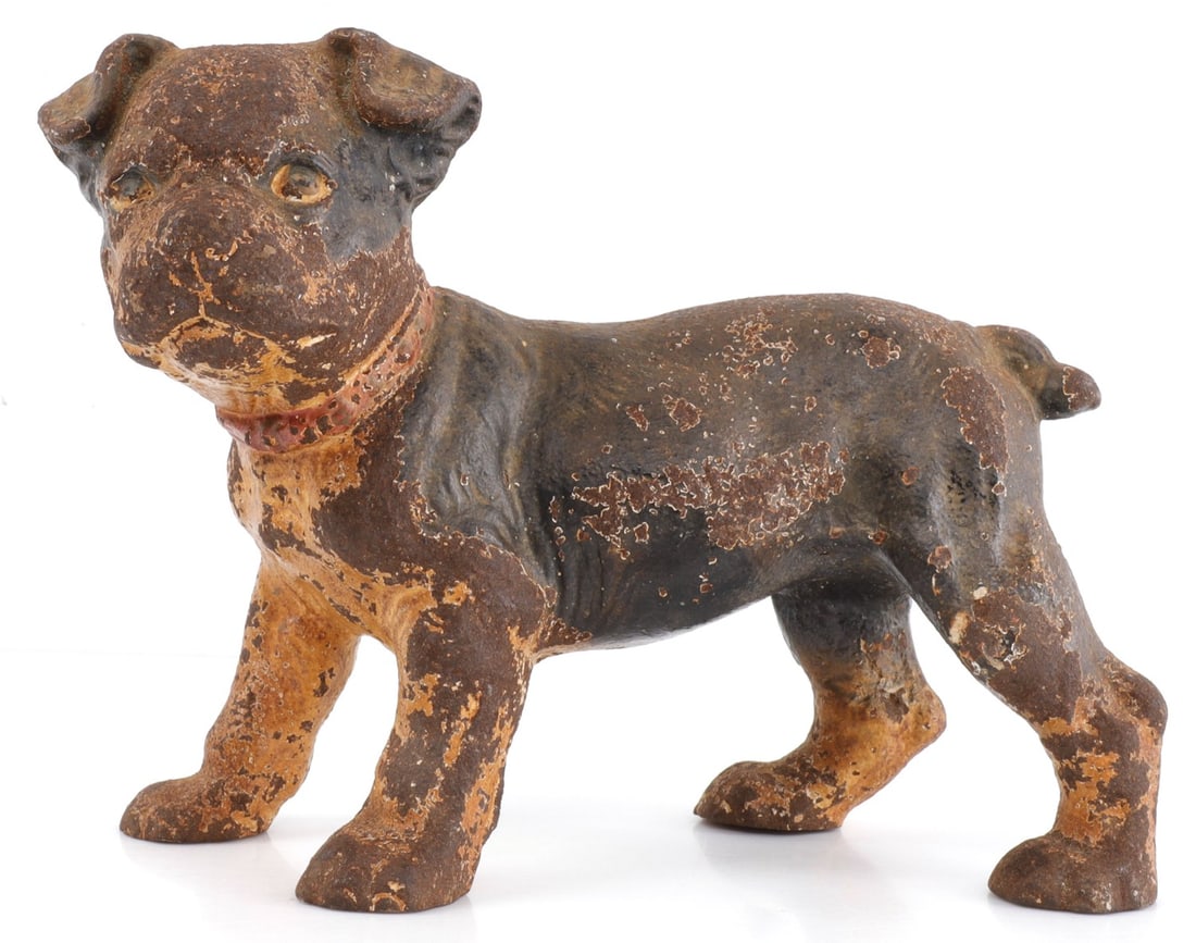 CAST IRON BOSTON TERRIER PUPPY DOG DOORSTOP: Height 4.5 inches. Length 6 inches. Good condition. Paint loss.
