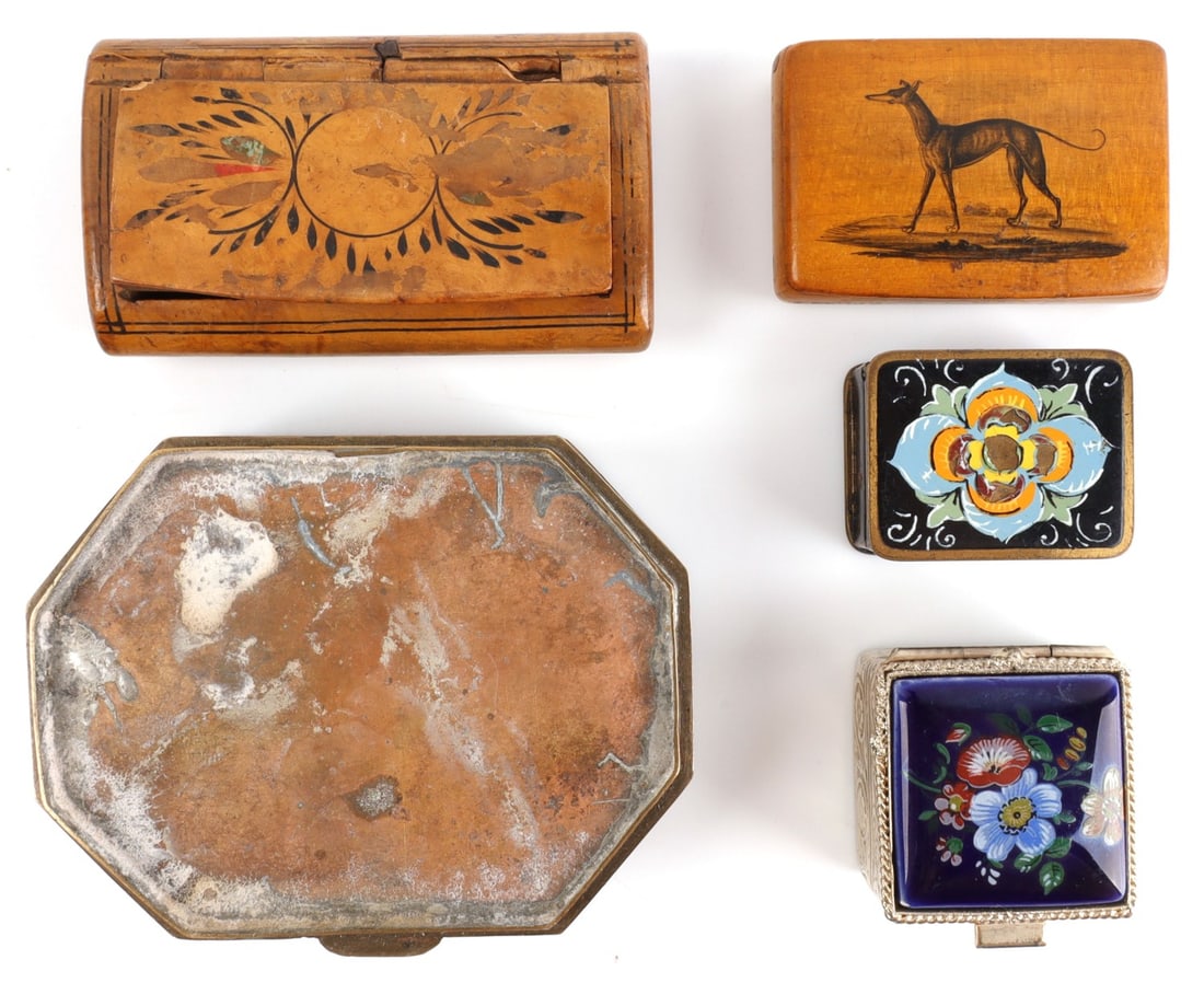 LOT OF 5 PILL BOXES 1 VOLUPTE GREYHOUND FLORAL: Lot of FIVE (5). The Volupte is 300 mm, the Greyhound box is stamped Warranted without the Sol. No others are marked. All good condition