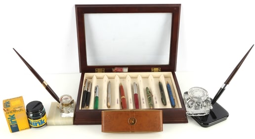 LOT OF 18 FOUNTAIN PENS & RELATED ITEMS