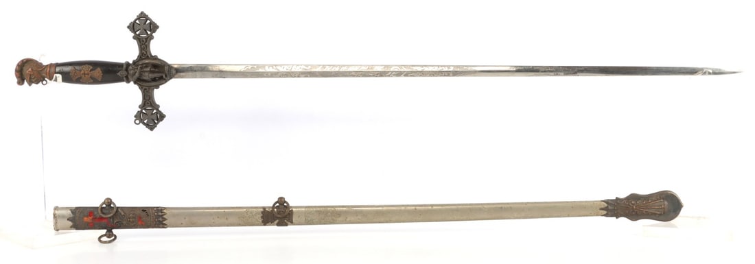 J.R. PETTIS & CO 19TH C MASONIC PRESENTATION SWORD: Masonic presentation sword and scabbard, ca. 1875. Etched, engraved and enamel decoration. Ricasso marked "J.R. Pettis & Co, Troy, NY." 28-inch etched steel blade. Overall length: 34.75 inches. Good c