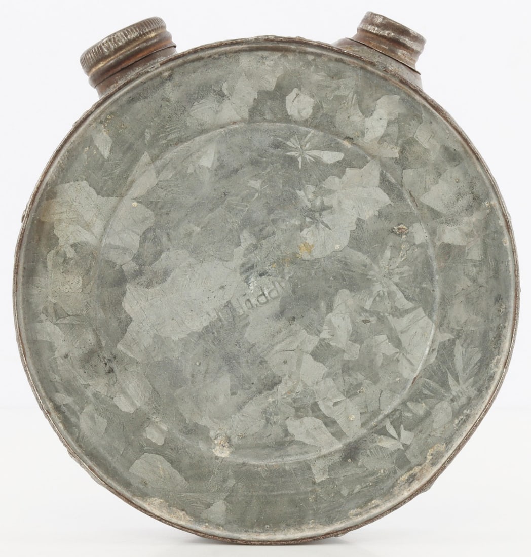 19TH CENTURY MINERS LIGHTING OIL FLASK CANTEEN: Bullseye-style canteen with fill and pour spouts, designed for carrying of oil for mine workers. Side reads, in abbreviated form, 'Patent Applied For.' Very good, original condition.