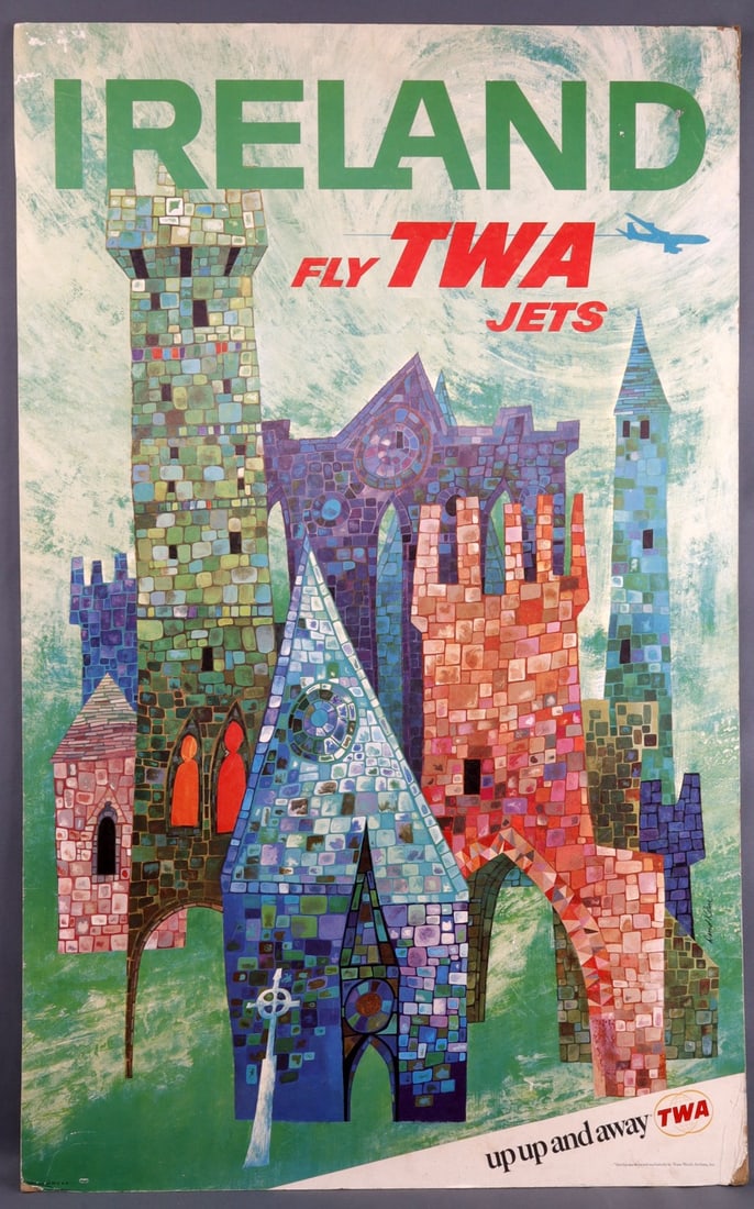 DAVID KLEIN TWA IRELAND SWITZERLAND TRAVEL POSTER: Original TWA Jets double-sided lithograph advertising poster. Features Ireland & Switzerland illustrations by David Klein. 40 X 25 inches. Good condition. Light to moderate wear. This lot has a reserv