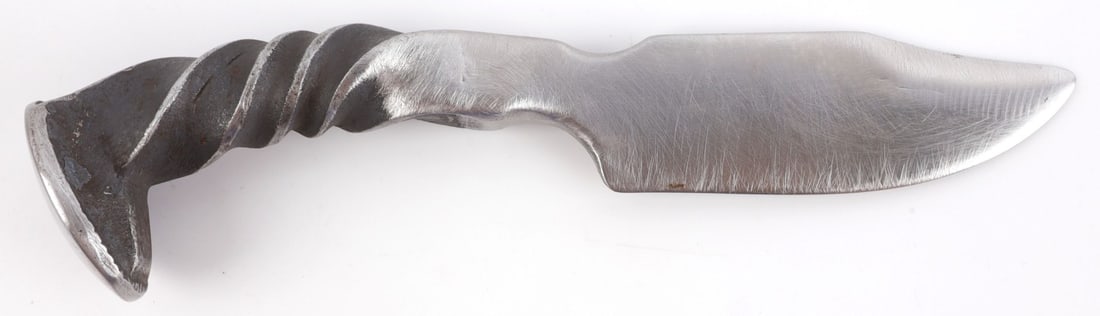 FINE POLISHED STEEL RAILROAD SPIKE KNIFE: Custom hand-forged railroad spike knife. Single-edged, with clip point and flat spine. Comfortable to use, with notches for thumb and pointer finger. Blade and pommel polished to a bright finish. Not 