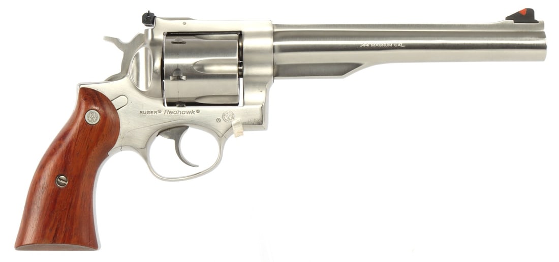 RUGER REDHAWK .44 MAGNUM STAINLESS REVOLVER: Ruger Redhawk revolver, .44 Magnum caliber, double action, 6-round cylinder, 7.5 inch stainless barrel, fixed front sight, adjustable rear sight, stainless steel frame, Ruger wood grips. FFL transfer 