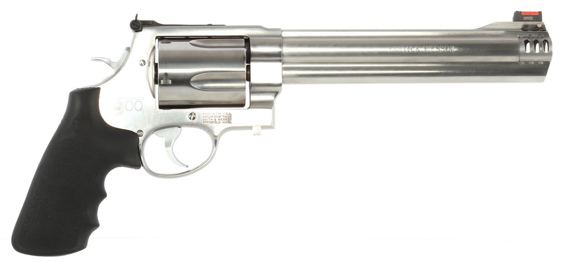 SMITH & WESSON MODEL 500 REVOLVER .500 S&W MAGNUM: Stainless steel, rubber grips, 8 1/8 inches, fired less than ten times. Minor handle wear throughout. Functions as intended. FFL transfer required. No international shipping. Know your state laws befo