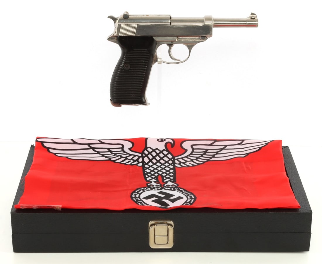 WWII GERMAN P38 PISTOL SPREEWERK CYQ: Very good condition, has been chromed. Waffenampt over 88, CVQ but no doubt die covered tail of Y. March 1943 production, Bakelite grips. Strong action, clean clear bore. Boxed with Nazi flag. FFL req