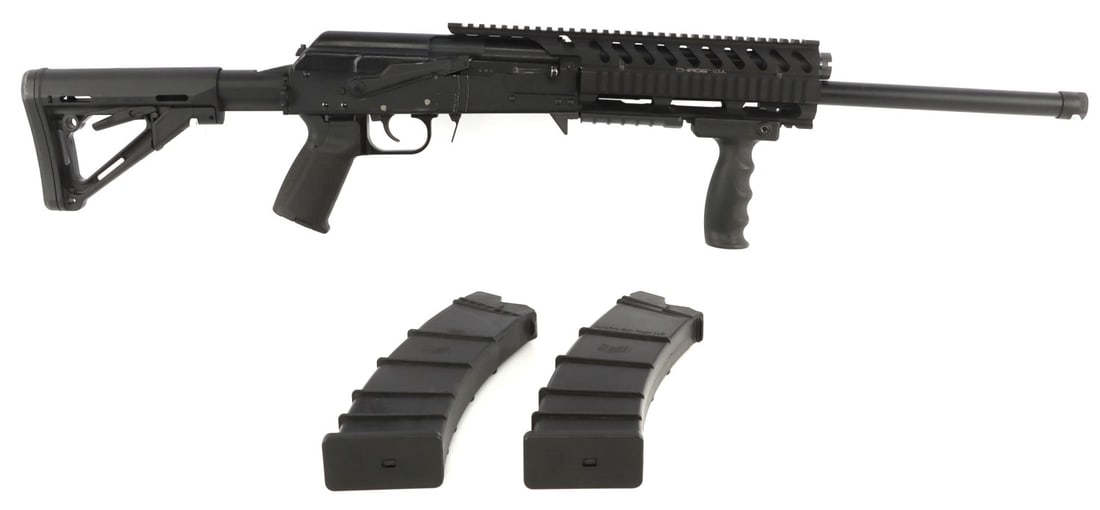 IZHMASH SAIGA 12 SEMI AUTO 12 GAUGE SHOTGUN: Izhmash Saiga-12 Kalashnikov-pattern semi-automatic shotgun, 12 gauge. Includes two (2) 12rd Surefire magazines. Equipped with Chaos quad-rail handguard, Tdi-Arms vertical foregrip and CTR adjustable