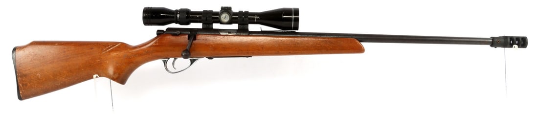 MARLIN WESTERN AUTO 105M .22 BOLT ACTION RIFLE: Revelation or Western Auto Supply Co. Model 105M bolt-action rifle with Tasco 3-9x scope. Manufactured by Marlin Firearms Co. and stamped JM on left barrel flat. 24-inch barrel with muzzle brake. Good