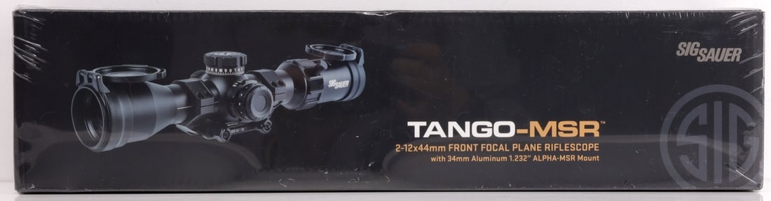 SIG SAUER TANGO MSR 2-12 X 44MM PLANE RIFLE SCOPE: New in box with 34mm aluminum 1.232" ALPHA-MSR mount. This lot has a reserve.