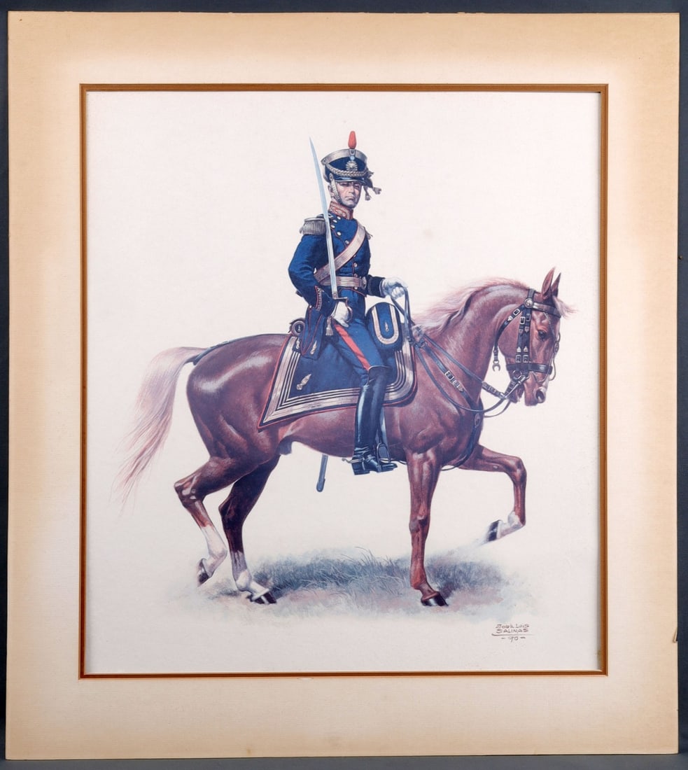 ARGENTINE CAVALRY OFFICER LITHO JOSE LUIS SALINAS: Jose Luis Salinas (1908-1985). Lithograph of Argentine cavalry officer. Dated 1970. 23.75 X 19 inches. Good condition, slight foxing.