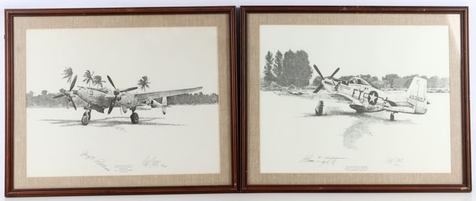 LOT OF 2 P-38 & P-51 PILOT SIGNED MAX CRACE PRINTS
