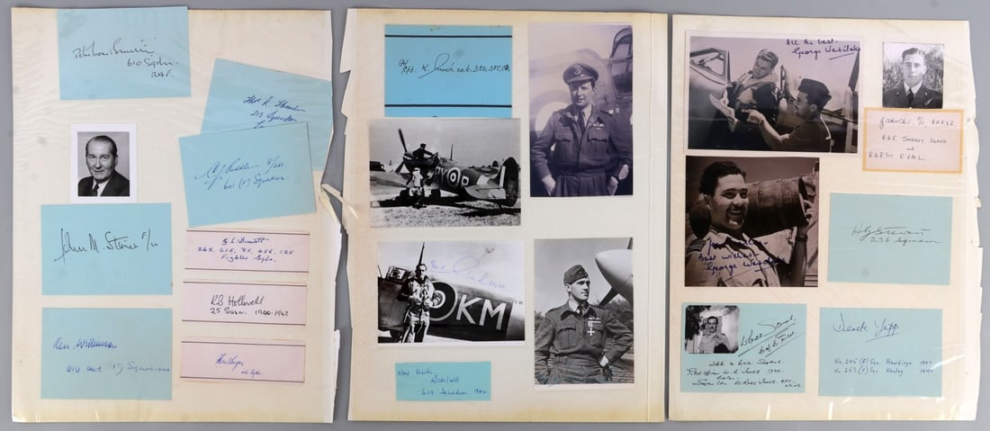 WWII BATTLE OF BRITAIN 31 RAF PILOT SIGNATURES: WWII Royal Air Force autograph scrapbook with 31 signatures of Battle of Britain pilots as well as photographs. Very good condition.