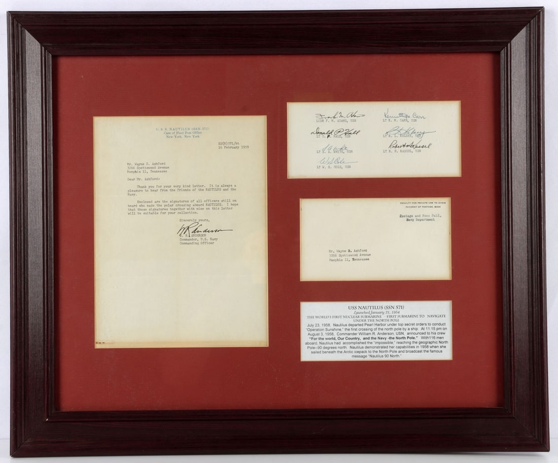 USS NAUTILUS POLAR CROSSING OFFICER SIGNATURES: Framed signatures of USS Nautilus officers who made the first ever underwater passage across the North Pole on August 3, 1958. Includes letter signed by Commander William Robert Anderson as well as si