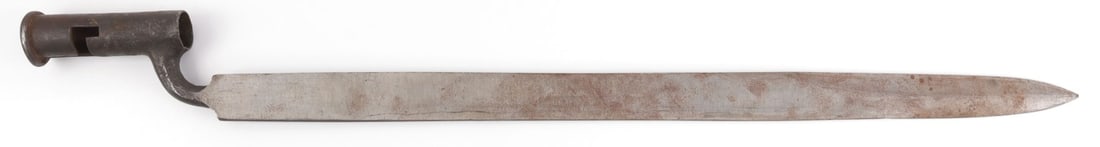 EAST INDIA COMPANY SAPPERS & MINERS SOCKET BAYONET: British India or East India Company socket-sword bayonet for the 1843 Sappers and Miners Carbine. Very large, with bright finish, double-edged at the tip. Lip of socket has three-line mark resembling