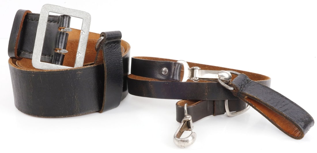 WWII GERMAN NSDAP BELT WITH SHOULDER STRAP: 42-inch belt. Marked RZM with Waffenamt mark and stamped 110.