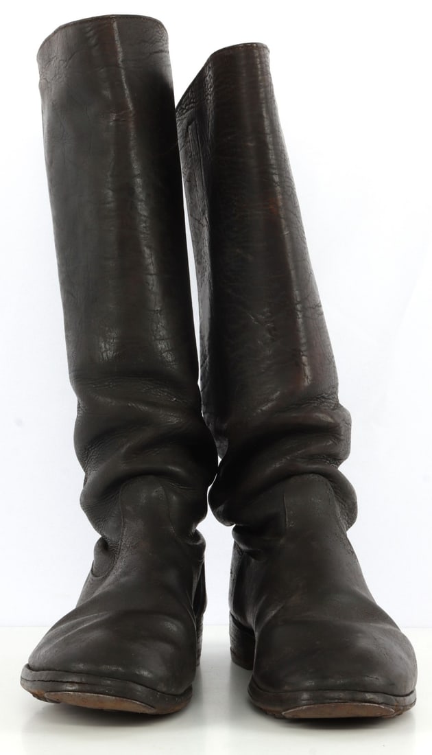 PAIR OF LEATHER WORLD WAR II GERMAN OFFICERS BOOTS: Pair of black leather boots purchased directly from a German officer. 17 X 12 inches.