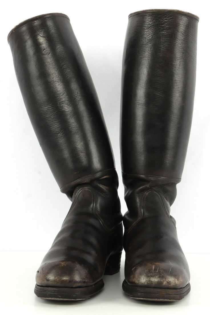 PAIR OF LEATHER WORLD WAR II GERMAN OFFICERS BOOTS: Pair of black leather boots purchased directly from a German officer. 16 X 11 inches.