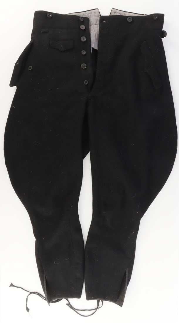 WWII GERMAN THIRD REICH RIDING BREECHES: Wool construction. RZM SS tag featured. "50" ink stamped in pants. Very good overall with usage wear.
