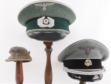 LOT 3 WWII GERMAN SS & HEER VISOR CAP W MINI M43