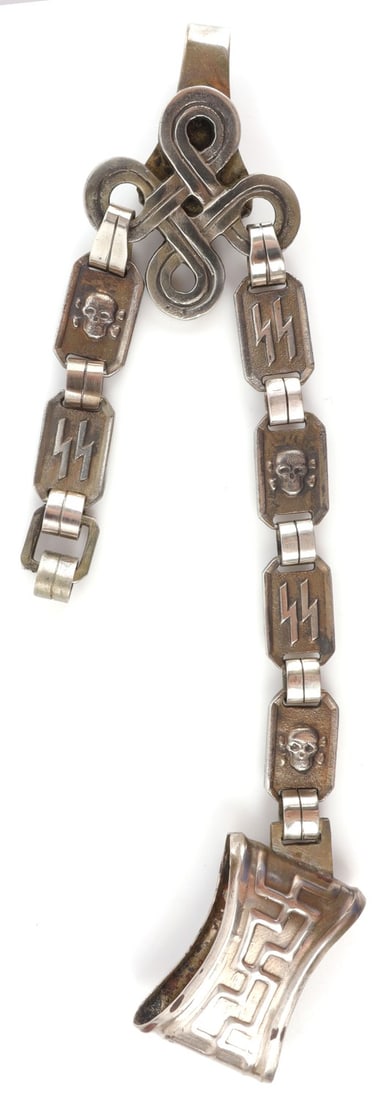 WWII GERMAN THIRD REICH HANGER FOR AN SS DAGGER: Hanger for SS Honour Dagger. Has series of alternating chain links, some depicting a Death's Head and some with SS sig runes. Reverse side is flat with Berlin and RZM stamp. Very good overall conditio