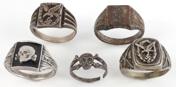 LOT OF 5 WWII GERMAN RINGS SS TOTENKOPF LUFTWAFFE
