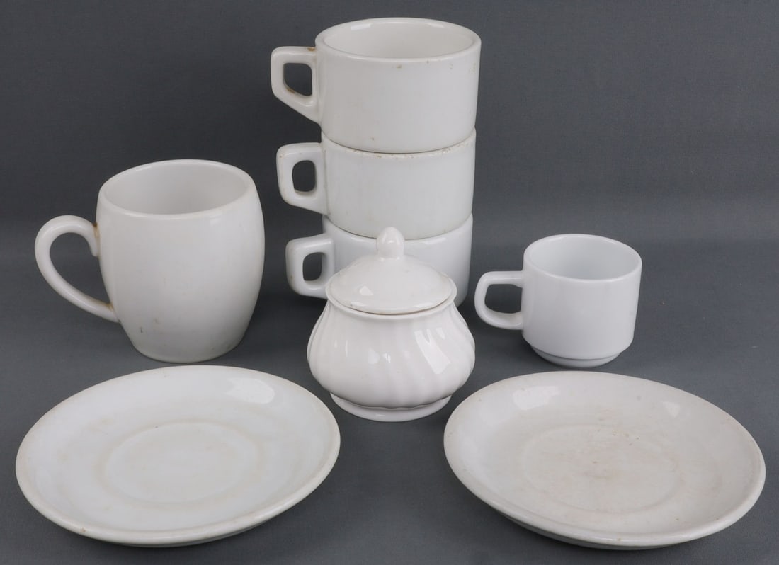 WWII GERMAN SS REICH TOTENKOPF COFFEE TEA CUP LOT: Includes SS Reich stamped sugar bowl, SS Totenkopf tea cup, balance are FL U.V.. Some dated 1939 to 1942, all are very good and undamaged.