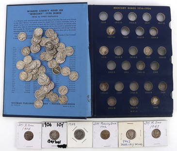 MERCURY DIME 90% SILVER COIN LOT $10 FACE: From circulation. Includes one (1) Barber and two (2) Roosevelt coins to make the $10 face value. Unsearched. Both book and loose. This lot reserves at melt.