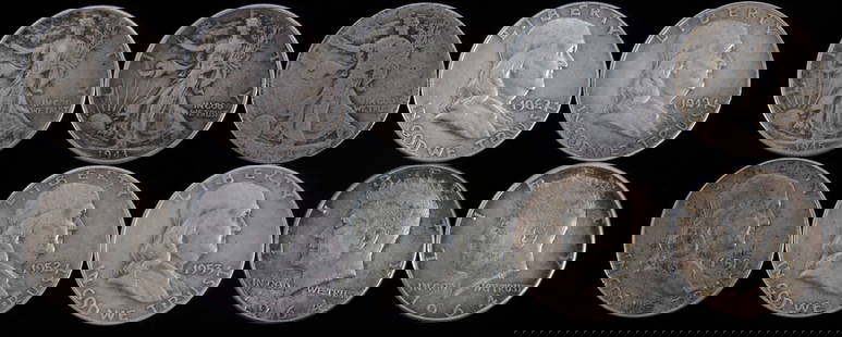 90% SILVER KENNEDY WALKER FRANKLIN HALF $5 FACE: From circulation. All common dates. This lot reserves at melt.