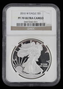 2010 W AMERICAN EAGLE NGC PG 70 ULTRA CAMEO COIN: Graded and encapsulated. This lot reserves at melt.