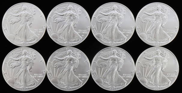 LOT OF 8 2023 SILVER 1 OZT AMERICAN EAGLE BU COINS: Lot of EIGHT (8). All brilliant uncirculated. This lot reserves at melt.