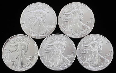 LOT 5 SILVER AMERICAN EAGLE .999 FINE 1 OZT COINS: Lot of FIVE (5). Brilliant uncirculated. All mixed dates. This lot reserves at melt.