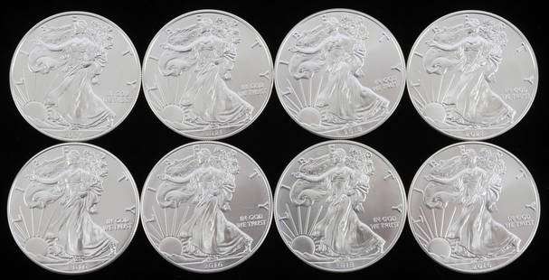 LOT 8 SILVER AMERICAN EAGLE .999 FINE 1 OZT COINS: Lot of EIGHT (8). Brilliant uncirculated. All mixed dates. This lot reserves at melt.
