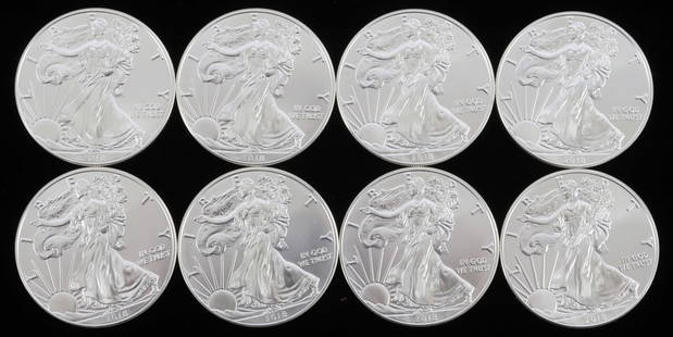 2018 8 SILVER AMERICAN EAGLE .999 FINE 1 OZT COINS: Lot of EIGHT (8). Brilliant uncirculated. 2018 dates. This lot reserves at melt.