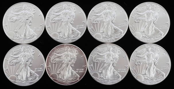 2016 8 SILVER AMERICAN EAGLE .999 FINE 1 OZT COINS: Lot of EIGHT (8). Brilliant uncirculated. 2016 dates. This lot reserves at melt.