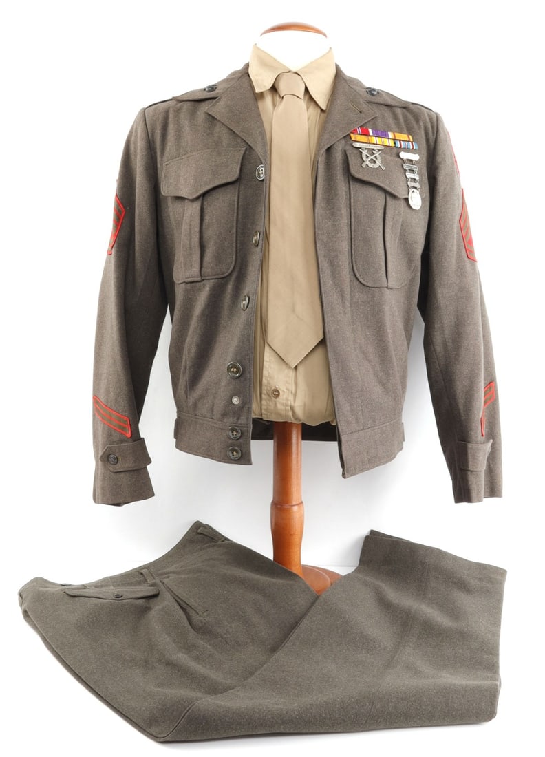 WWII US 2ND MARINES NAMED IKE JACKET FIELD UNIFORM: USMC field uniform. Shirt personalized "T.H. Grayson." Includes field jacket, khaki shirt, necktie and trousers. Jacket has collar disks, 2nd Marines embroidered insignia patch, rank insignia patches
