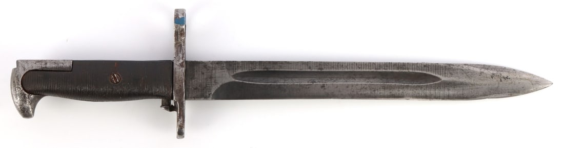WWII US M1 GARAND BAYONET AMERICAN FORK & HOE: US M1 bayonet with black plastic grip panels. Ricasso marked "AFH" over "US" and ordnance mark. 10-inch blade. 14.25 inches overall. Good condition.