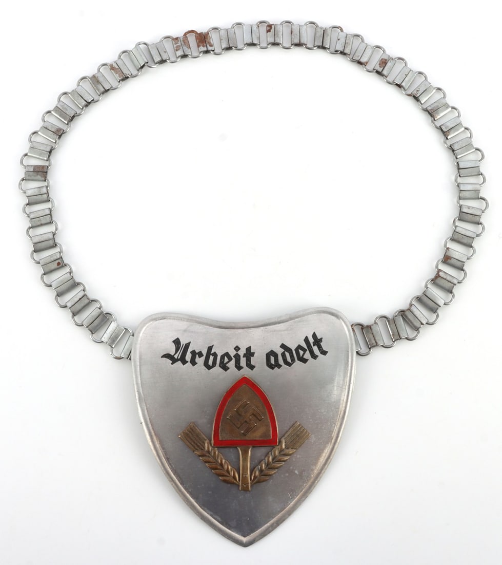 WWII GERMAN REICH RAD STANDARD BEARER GORGET: Standard bearer gorget for the German Labor Front, RAD, type II. Reads "Arbeit adelt."