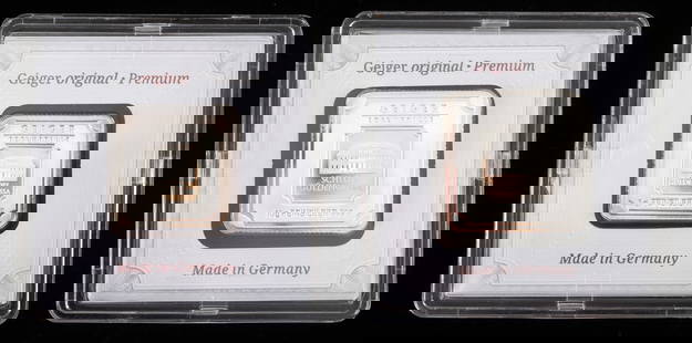 LOT OF 2 GEIGER EDELMETALLE 5 GRAM EACH BARS: Lot of TWO (2) 5 gram fine silver bars. 10 grams total of .999 fine silver square Geiger bars. This lot reserves at melt.